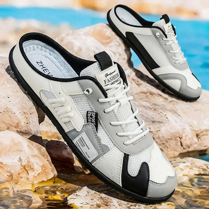 Mesh Breathable Half-Slip Men's Shoes, Slip-On Casual Shoes Without Heel, Summer Thin Breathable Closed-Toe Slippers, Versatile Outdoor Sandals