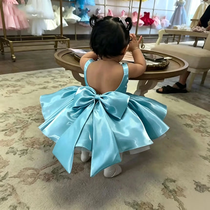 Wedding Mini Flower Girl Dress 2026 Satin Sleeveless Backless Bow Short Tutu Dress Baby Princess Dress Formal Party Dress Custom