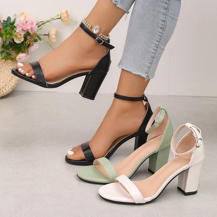 Women's Summer Solid Color Large Size Classic Thick Heel Sandals 2026 New Ankle Strap Design Anti-Slip Open Toe Sandals