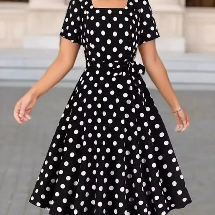 Woman Summer Elegant Midi Dress Fashion Polka Dot Print Short Sleeves High Waist Dresses Ladies Beautiful Square Collar Vestidos