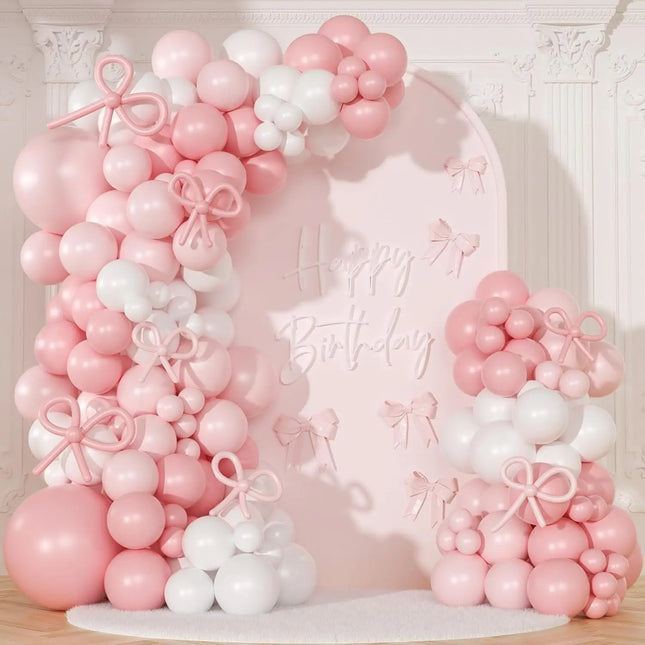 128-Piece Pink Balloon Arch Kit: Includes 18-inch pink and white balloons and bow-shaped balloons; a DIY decoration set perfect for birthday parties, Valentine's Day, graduations, pre-wedding parties, and photo backdrops.