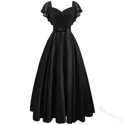 Elegant Gorgeous Pink turquoise Ruffle Sleeve Party Satin Long Dress Lace Prom Gowns Wedding Lady Autumn Evening Maxi Dresses