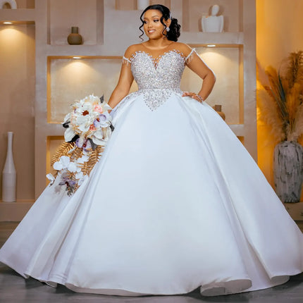 Customized Plus Size Wedding Dresses For Bride Detachable Train Mermaid Ball Gown Sheer Neck Short Sleeves Beaded Bridal Gowns