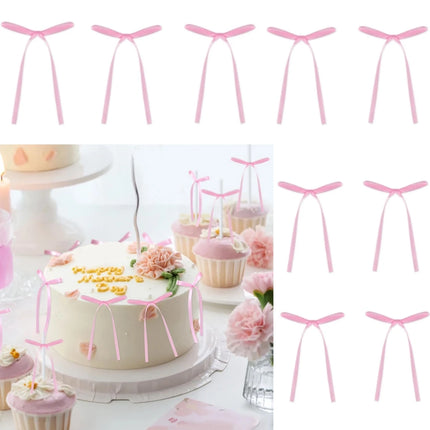 10Pcs Ribbon Bow Cake Toppers Pink Red Bow Cake Decor Love Couple Cake Topper Wedding Valentine's Day Dessert Decor Girl Favor