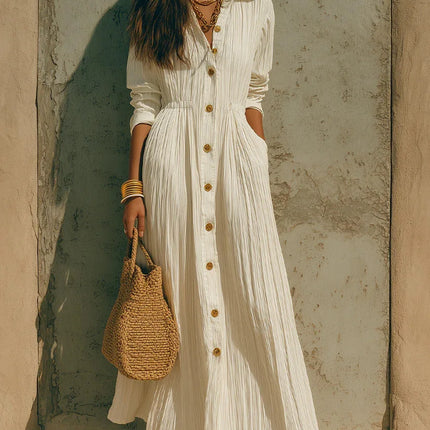 Women Crinkle Solid Maxi Dress Lapel Collar Button Cardigan Long Sleeve Pocket Flowy Dress Fall Beach Travel Casual A-Line Dress