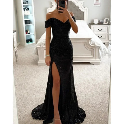 Women's Sexy Party Maxi Dress New Sequined One-line Collar Slit Dress Casual Fashion Prom Eveging Dresses for Women Robe Femme