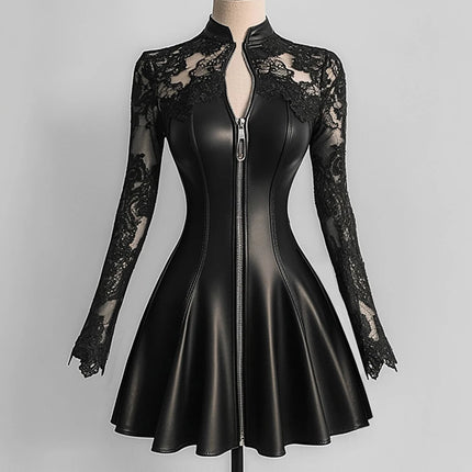 Women’s Elegant PU Leather Dress Black Lace Patchwork Mesh Long Sleeve Zipper Up Bodycon Dress A-Line Party Sexy Mini Dresses