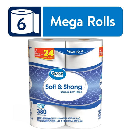 Soft & Strong Premium Toilet Paper, 6 Mega Rolls, 380 Sheets per Roll