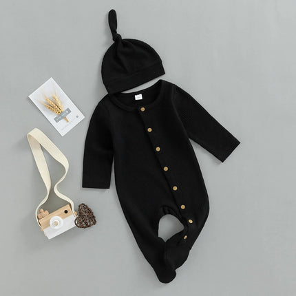 infant Newborn Baby Boys Girl Solid Footies Set, Round Neck Long Sleeve Button-Down Ribbed Feet Wrap Jumpsuit + Hat