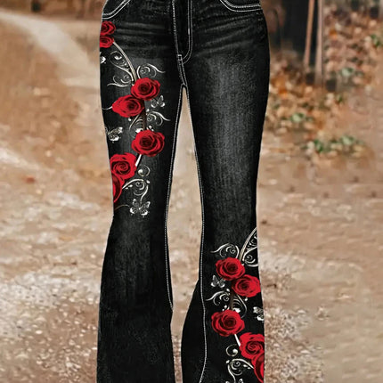 1253 [Printed Pants - Not Denim Fabric] Floral Print Flare Pants - Non-Denim Fabric, Women's Trousers,