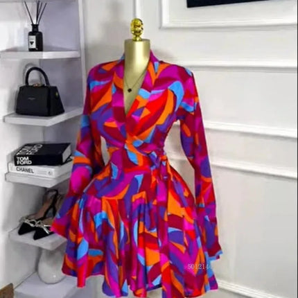 Elegant Women Tie Dye Print Flare Long Sleeve Wrap V-neck with Sashes Ruffle Dress 2026 Elegant Vacation Party Birthday Dresses