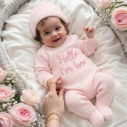 Ylsteed “Hello I'm Here‘ Knitting Newborn Photography Romper with Hat Baby Boy Girl Sweater Photo Shooting Coming Home Outfit-HD