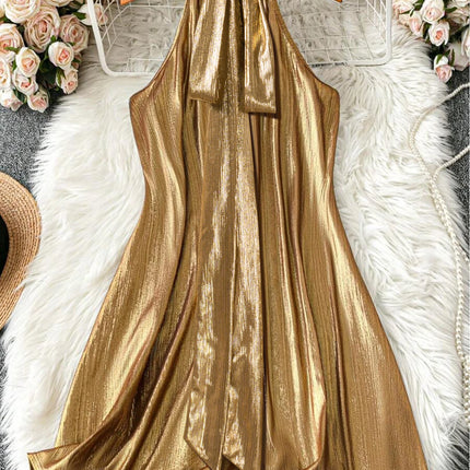 Women Metallic Gold Halter Mini Dress Sleeveless Shiny Liquid Fabric A Line Short Dresses 2026 Summer Elegant Cocktail Club Party Vacation Vestidos