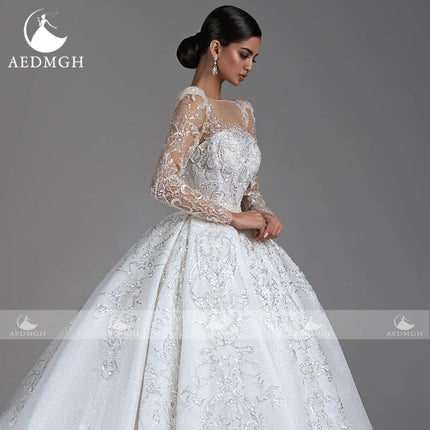 Aedmgh Ball Gown Shiny Wedding Dresses Boat Neck Long Sleeve Bride Dress Lace Beaded Sequined Glamorous Custom Made Bridal Gown