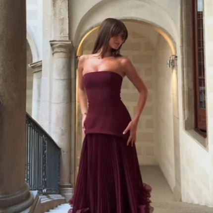 Elegant Banquet Strapless Maxi Dress 3D Floral Pleated Train Hem Waist Tie Solid Gown Luxury Flowy Sleeveless Gala Party Outfit
