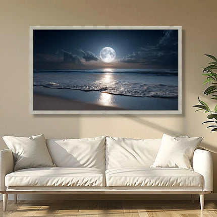 Full Moon Ocean Reflection Canvas, Night Beach Wall Art, Serene Seascape Canvas Print, Tranquil Coastal Decor, No Frame
