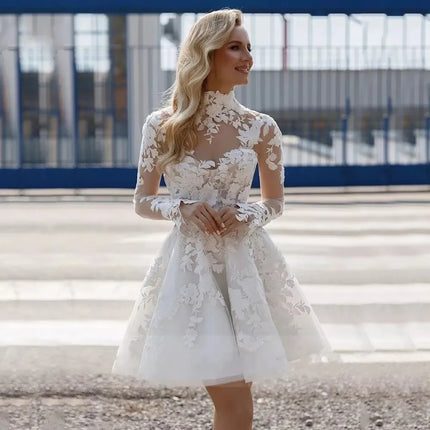 Customized Short Wedding Dresses Lace Tulle Strapless High Neck A Line Formal Party Bride Gowns Women Bridal Dress
