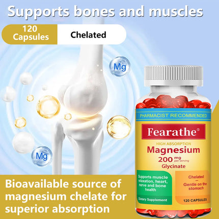 Magnesium Glycinate Capsules 200mg, Mineral Supplement for Relaxation, Sleep, Muscle, Bone, Cardiovascular & Immune Health