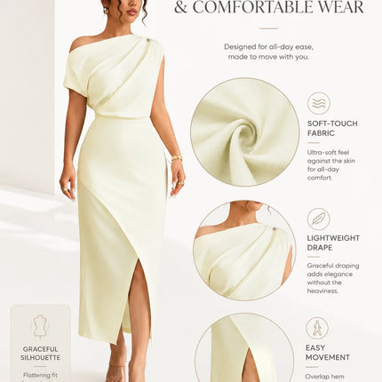 Stretchy Soft Women Off Shoulder Midi Dress, Draped Ruched Asymmetrical Wrap Split Bodycon Dress, Elegant Cocktail Party Wedding Guest Evening Formal Dresses