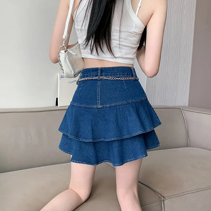 Vintage Woman Denim Shorts Skirts Summer 2023 Streetwear All Match Washed Kawaii Ball Gown Ruffles Mini Jeans Saias Femme