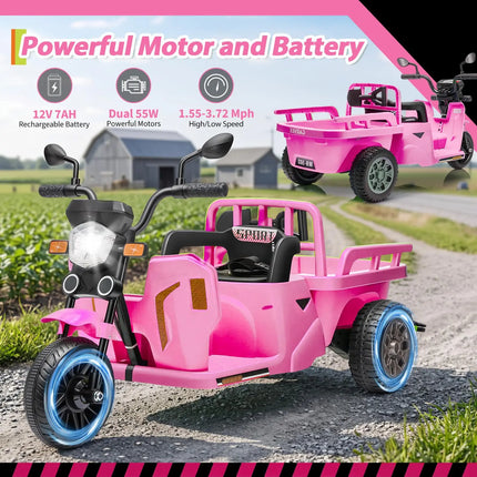 12V Kids Electric Tricycle With Trailer, 110W Ride On Motorcycle Tractor, Sand Shovel, Bluetooth Music, LED Headlight, 3 Speeds