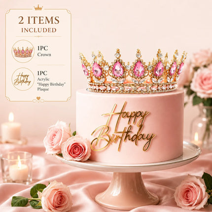 2pcs Pink Crown Birthday Cake Topper Set Gold Happy Birthday Acrylic Cake Decor Rhinestone Queen Tiara Cake Decoration for Women