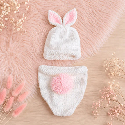 Crochet Newborn Photography Bunny Outfit Set Baby Rabbit Ear Hat And Diaper Cover Soft Knit Infant Photo Props For Boy Girl