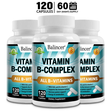 Vitamin B Complex Capsules with Vitamin C & Folic Acid, Antioxidant, Daily Energy Metabolism & Body Immune Wellness Support