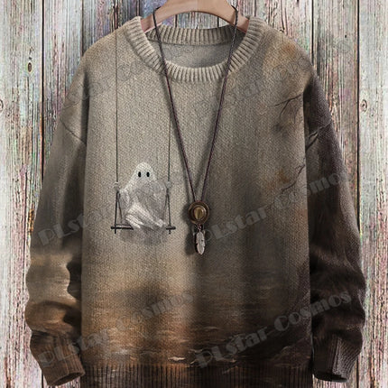 Halloween Retro Cute Spooky Swing 3D Printed Men's Crewneck Knitted Pullover Winter Unisex Casual Knit Pullover Sweater ZZM48