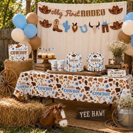 A Little Cowboy Baby Shower Decor Set, My First Rodeo Western Themed Disposable Tableware Kit for Boys 1st Birthday Party