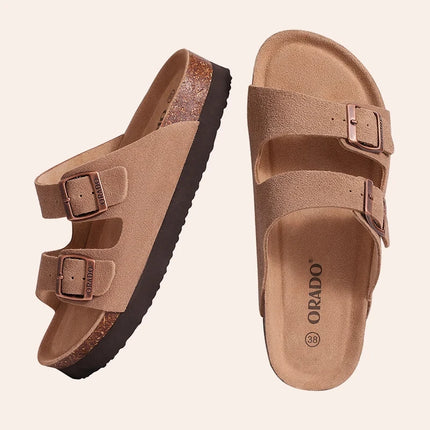 Evshine New Women's Cork Footbed Sandals Double Adjustable Buckle Slide Sandals Slip On Walking Summer Shoes Cork Clogs Slippers