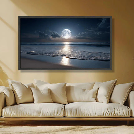 Full Moon Ocean Reflection Canvas, Night Beach Wall Art, Serene Seascape Canvas Print, Tranquil Coastal Decor, No Frame