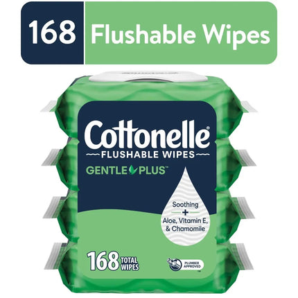 Gentle Plus Flushable Wet Wipes, 4 Flip-Top Packs, Moist Toilet Paper, Biodegradable, Safe for Septic Systems, For Baby and Adults