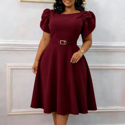 Elegant Party Dresses for Women New Style O Neck Puff Sleeve Belt Decorate High Waisted Pleated Mid Calf Luxury Birthday Dress