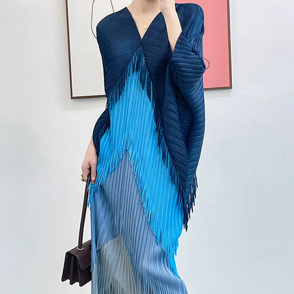 Miyake Tassel Patchwok Color Block Dress for Women Pleated Batwing Sleeve Mid-calf Dresses Fashion Female 2025 Summer