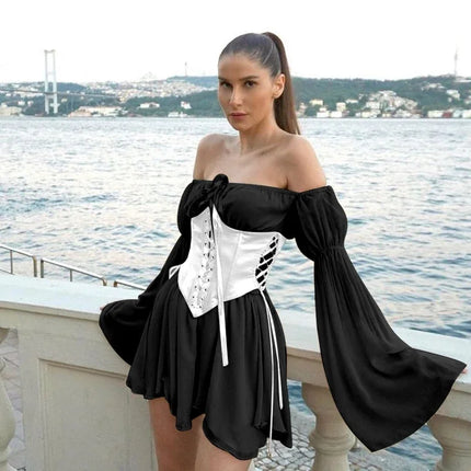 Womens Puff Sleeve Off Shoulder Dresses Lace Up Swing Dress Ruffle Mesh Party Mini Dress and Body Shaper Bustier Corset