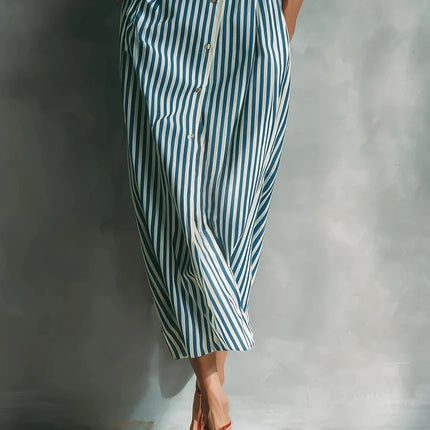 Elegant Striped Print Shirt Dress for Women Casual Turn Down Collar Color Blocking Pocket Long Dresses New Trendy Graceful Robe