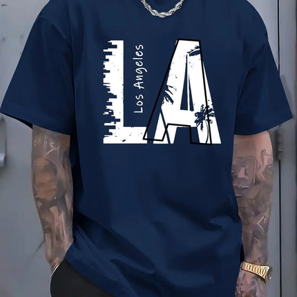 Men's summer 100 cotton fashionable casual loose plus size Los Angeles letter printed sports round neck short sleeved T-shirt