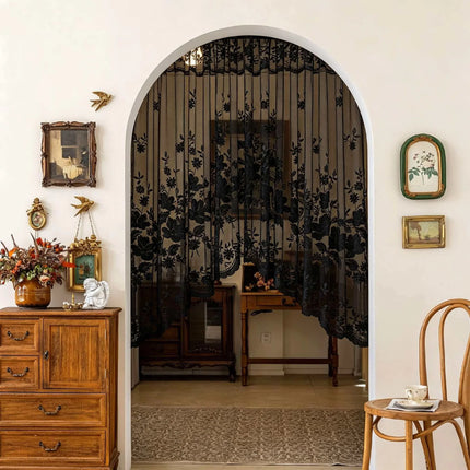 1 black lace arched curtain, French romantic transparent curtain, European retro bohemian style partition curtain