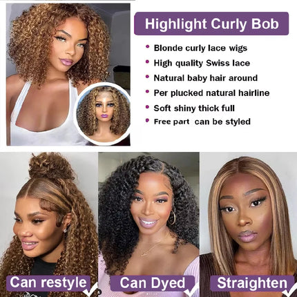 Curly Bob Wig Human Hair Deep Wave 13x4 HD Lace Front Wigs For Black Women Human Hair Pre Plucked Wear And Go Glueless Short Wet And Wavy Ombre Honey Blonde Highlight Color 4/27 12 Inch