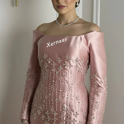 Customized Charmeuse Beading Off-the-shoulder Straight Long Dresses Bespoke Occasion Luxury Evening Dress Elegant Party Wedding