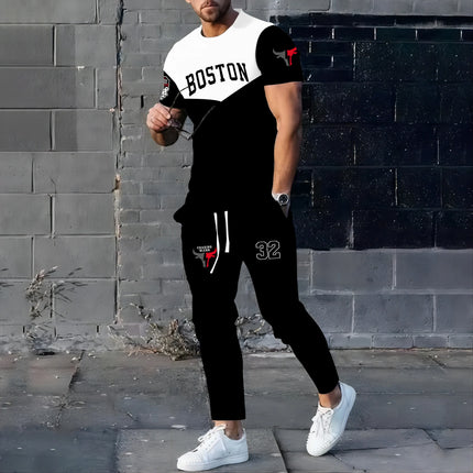 Men's 2025 Summer Splicing Letter 3D Printed Pattern Breathable Quick Drying Top Trendy Soft Top Street Round Neck T-shirt Set