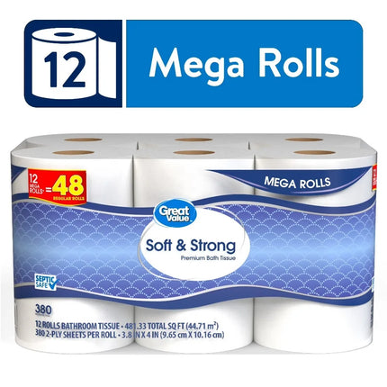 12 Mega Rolls 2‑Ply Unscented Toilet Paper, Septic‑Safe Soft & Strong Household Bath Tissue