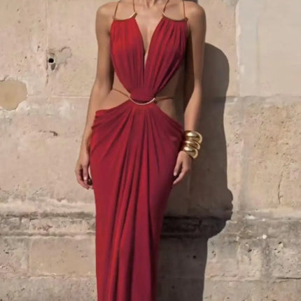 Sexy Women's Backless Dress Halter Sleeveless Waist Hollow Out Solid Female Dresses 2026 Summer Vacation Beach Fashion Lady Robe