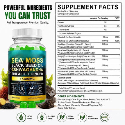Sea Moss Black Seed Oil Ashwagandha Shilajit Gummies For Energy Boost & Immunity Digestion Stress Support, Adult, 60 Gummies