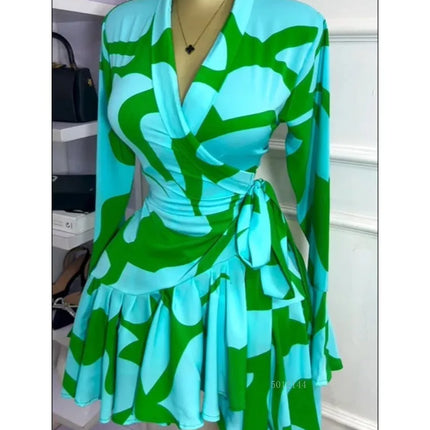 Elegant Women Tie Dye Print Flare Long Sleeve Wrap V-neck with Sashes Ruffle Dress 2026 Elegant Vacation Party Birthday Dresses