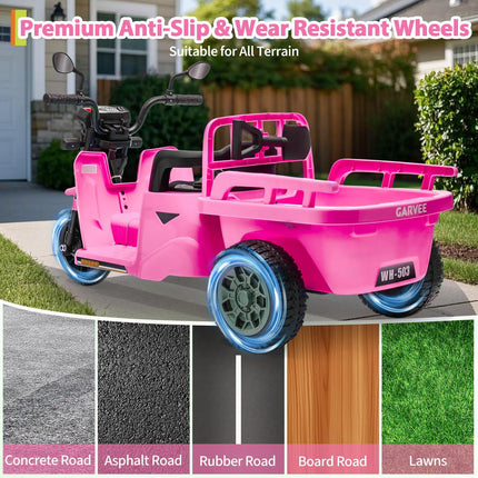 12V Kids Electric Tricycle With Trailer, 110W Ride On Motorcycle Tractor, Sand Shovel, Bluetooth Music, LED Headlight, 3 Speeds