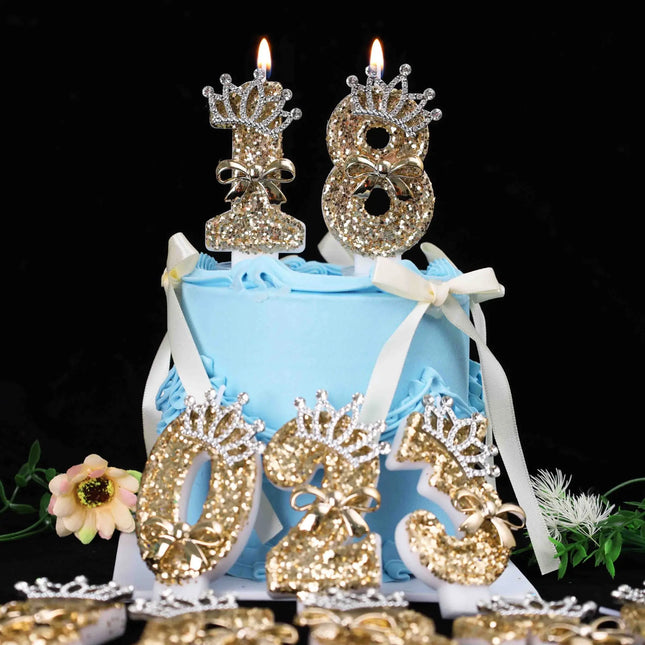 0-9 Gold Glitter Crown Number Birthday Candles, Rhinestone Bow Cake Topper for 18th Birthday, Party, Wedding, Anniversary Decor
