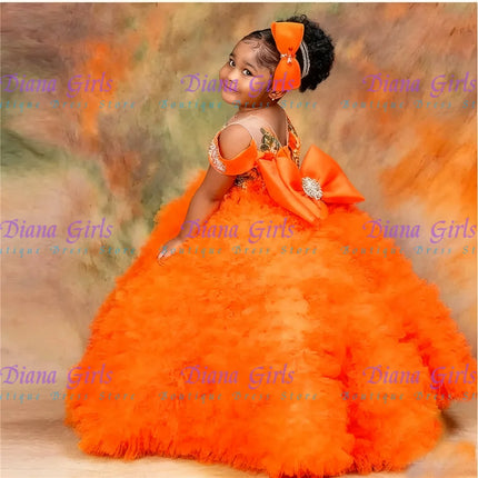 Quality Lovely Flower Girls Dress Tulle Tiered Ruffles With Big Bow Back Floor Length Kids Wedding Birthday Party Ball Gowns