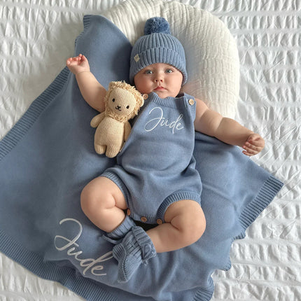 Custom Name Baby Sleeveless Knit Bodysuit + Hat 2pcs Set Cute Newborn Boy Girl Cotton Knit Jumpsuit Toddler Sweater Outfits